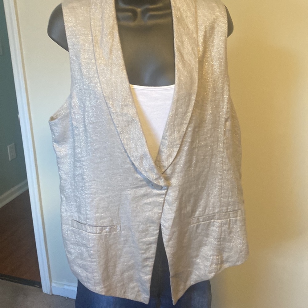 EILEEN FISHER GRAY TWINKLE LINEN WOVEN SHAWL COLLAR VEST - Picture 12 of 12